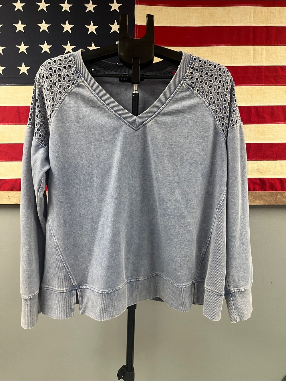 Jane and Delancey Light Blue V-Neck Sweatshirt with Lace Shoulders